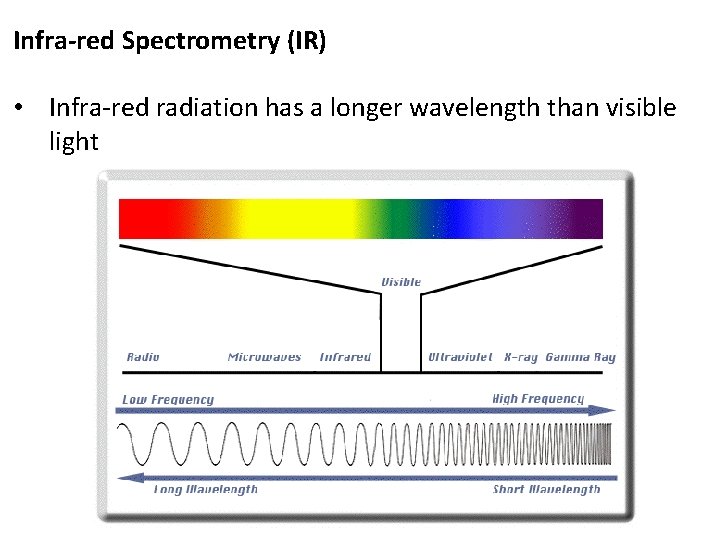 Infra-red Spectrometry (IR) • Infra-red radiation has a longer wavelength than visible light 