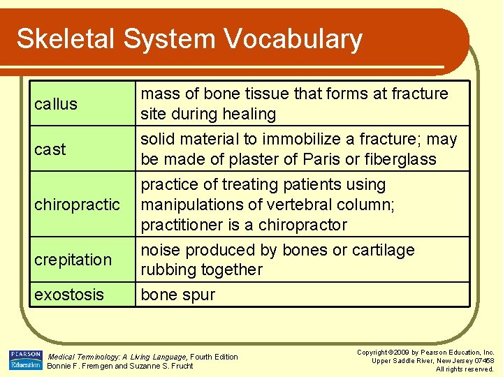 Skeletal System Vocabulary callus cast chiropractic crepitation exostosis mass of bone tissue that forms