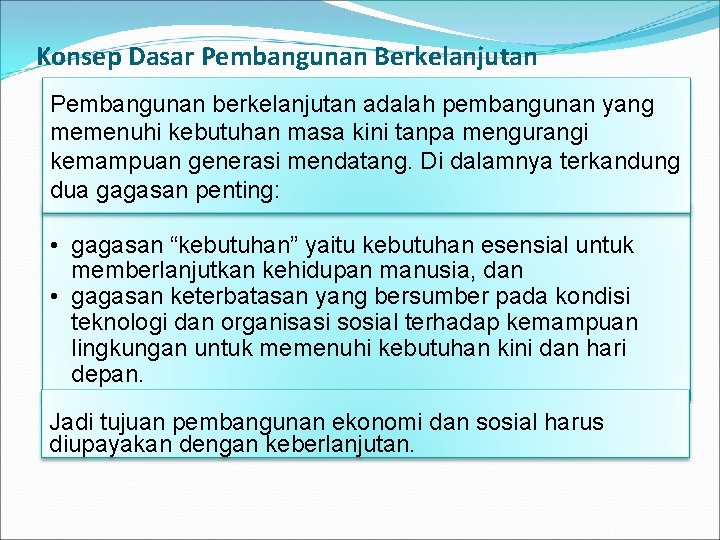 Konsep Dasar Pembangunan Berkelanjutan Pembangunan berkelanjutan adalah pembangunan yang memenuhi kebutuhan masa kini tanpa Konsep Dasar Pembangunan Berkelanjutan Pembangunan berkelanjutan adalah pembangunan yang memenuhi kebutuhan masa kini tanpa