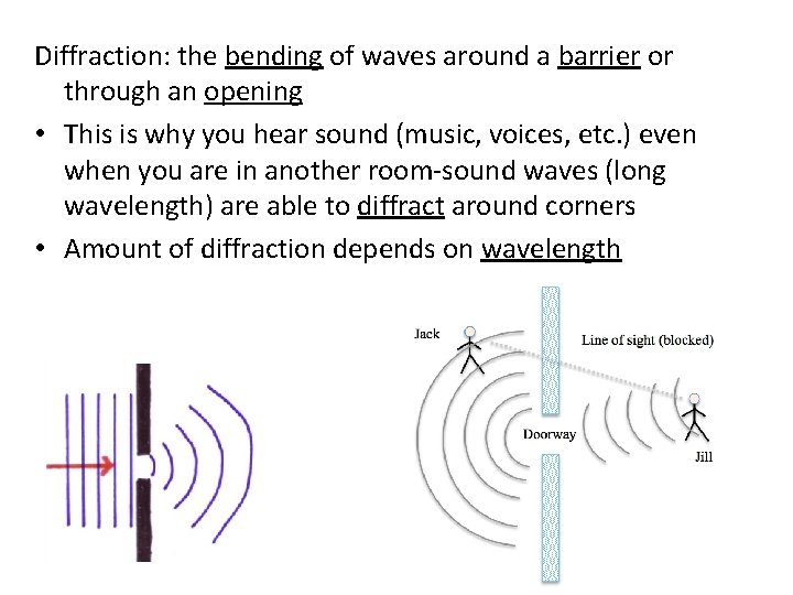 Diffraction: the bending of waves around a barrier or through an opening • This