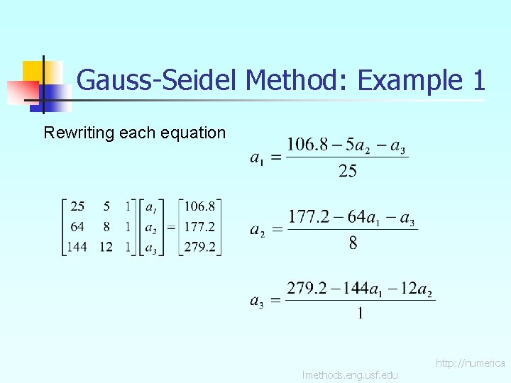 Gauss-Seidel Method: Example 1 Rewriting each equation lmethods. eng. usf. edu http: //numerica 