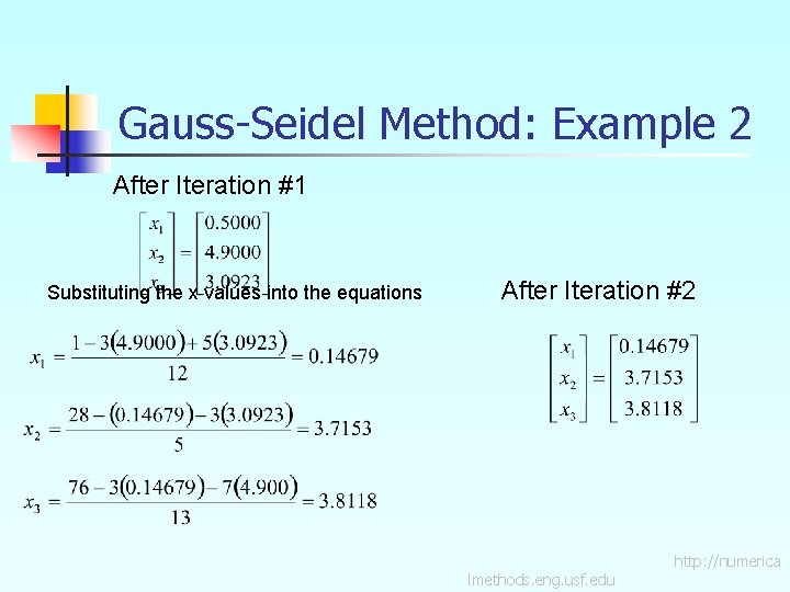 Gauss-Seidel Method: Example 2 After Iteration #1 Substituting the x values into the equations