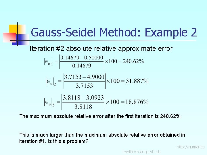 Gauss-Seidel Method: Example 2 Iteration #2 absolute relative approximate error The maximum absolute relative