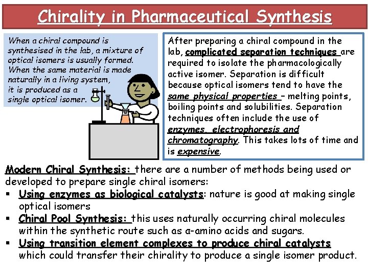 Chirality in Pharmaceutical Synthesis When a chiral compound is synthesised in the lab, a