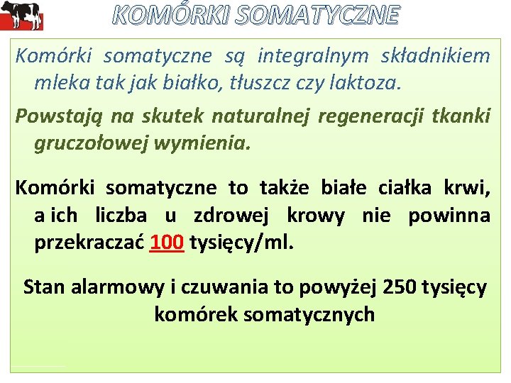 KOMÓRKI SOMATYCZNE Komórki somatyczne są integralnym składnikiem mleka tak jak białko, tłuszcz czy laktoza.