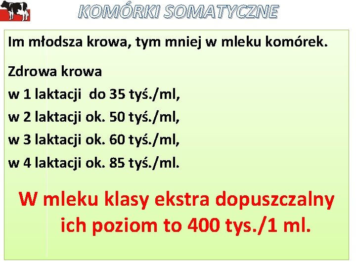 KOMÓRKI SOMATYCZNE Im młodsza krowa, tym mniej w mleku komórek. Zdrowa krowa w 1