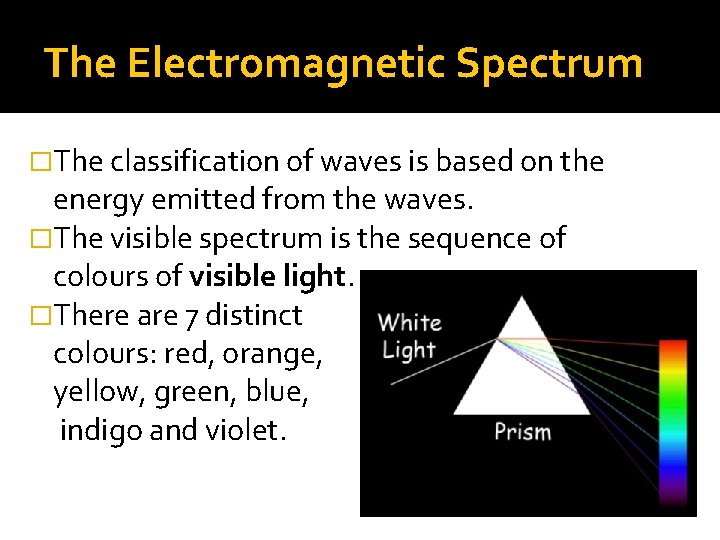 The Electromagnetic Spectrum �The classification of waves is based on the energy emitted from The Electromagnetic Spectrum �The classification of waves is based on the energy emitted from