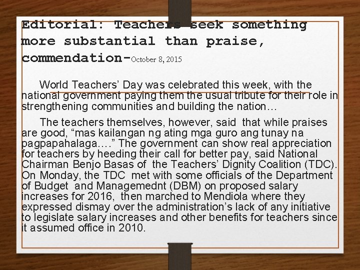 Editorial: Teachers seek something more substantial than praise, commendation-October 8, 2015 World Teachers’ Day