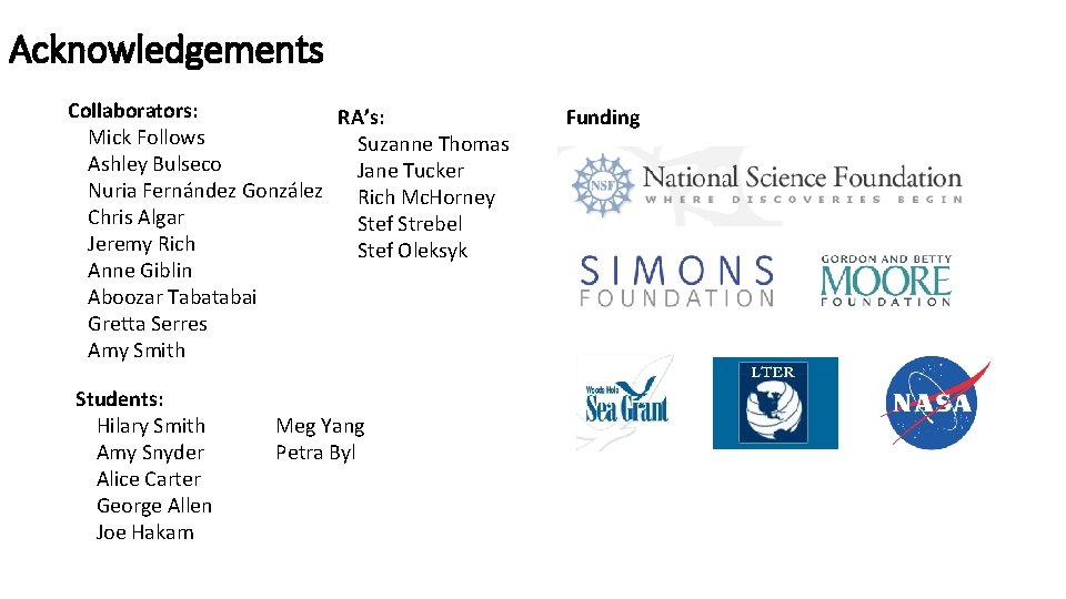 Acknowledgements Collaborators: RA’s: Mick Follows Suzanne Thomas Ashley Bulseco Jane Tucker Nuria Fernández González