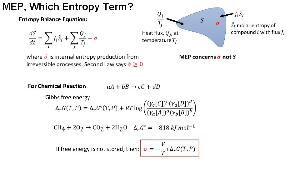 MEP, Which Entropy Term? Entropy Balance Equation: For Chemical Reaction Gibbs free energy If