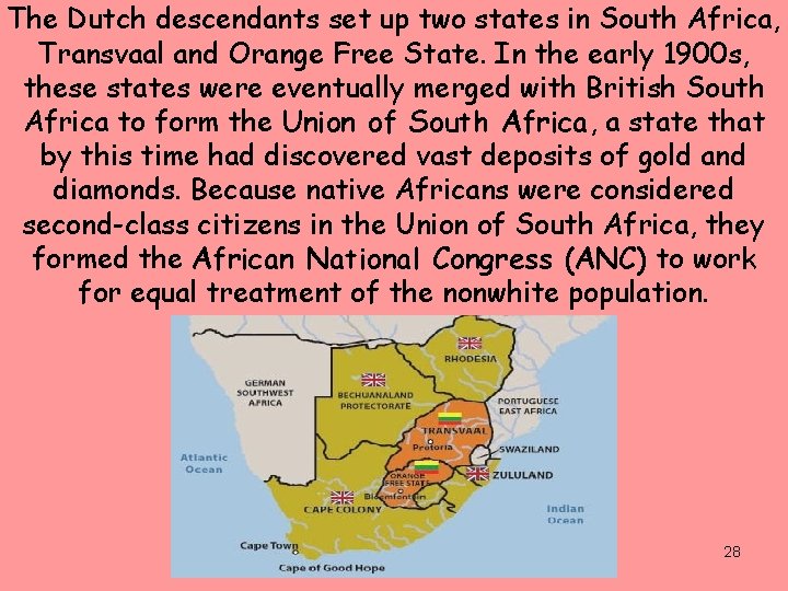 The Dutch descendants set up two states in South Africa, Transvaal and Orange Free