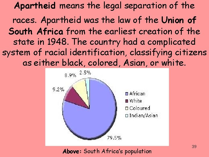 Apartheid means the legal separation of the races. Apartheid was the law of the