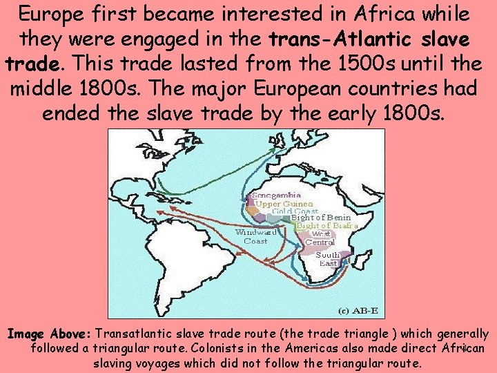 Europe first became interested in Africa while they were engaged in the trans-Atlantic slave