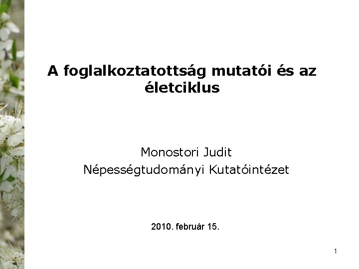 A foglalkoztatottság mutatói és az életciklus Monostori Judit Népességtudományi Kutatóintézet 2010. február 15. 1