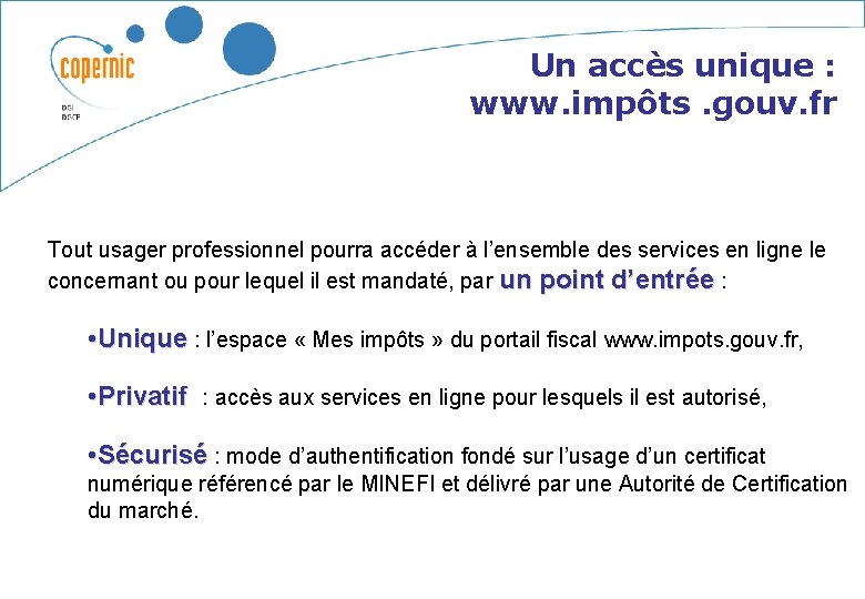 Un accès unique : www. impôts. gouv. fr Tout usager professionnel pourra accéder à