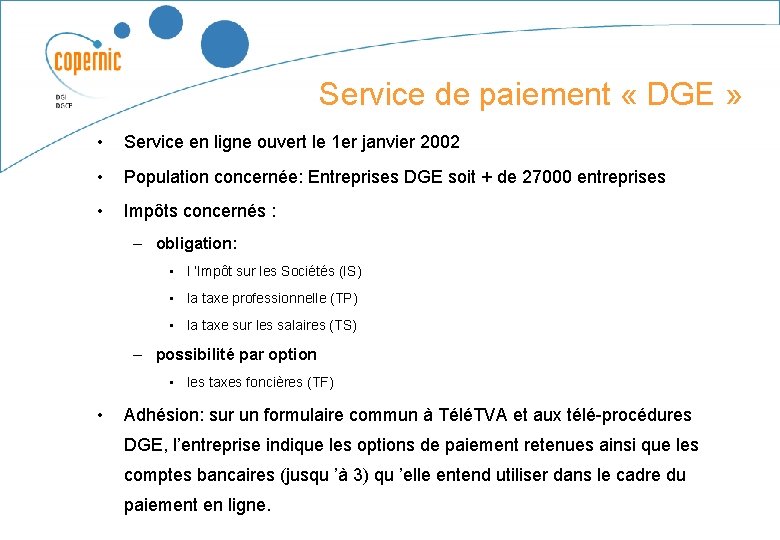 Service de paiement « DGE » • Service en ligne ouvert le 1 er