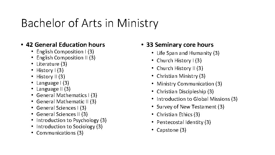 Bachelor of Arts in Ministry • 42 General Education hours • • • •