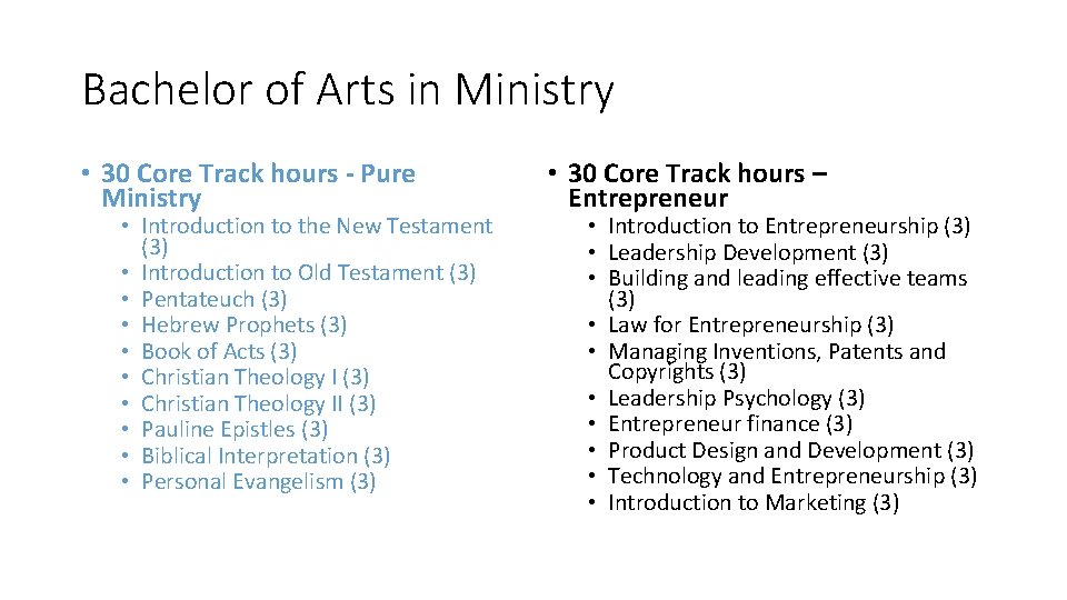 Bachelor of Arts in Ministry • 30 Core Track hours - Pure Ministry •