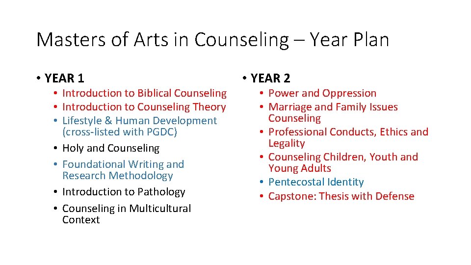 Masters of Arts in Counseling – Year Plan • YEAR 1 • Introduction to