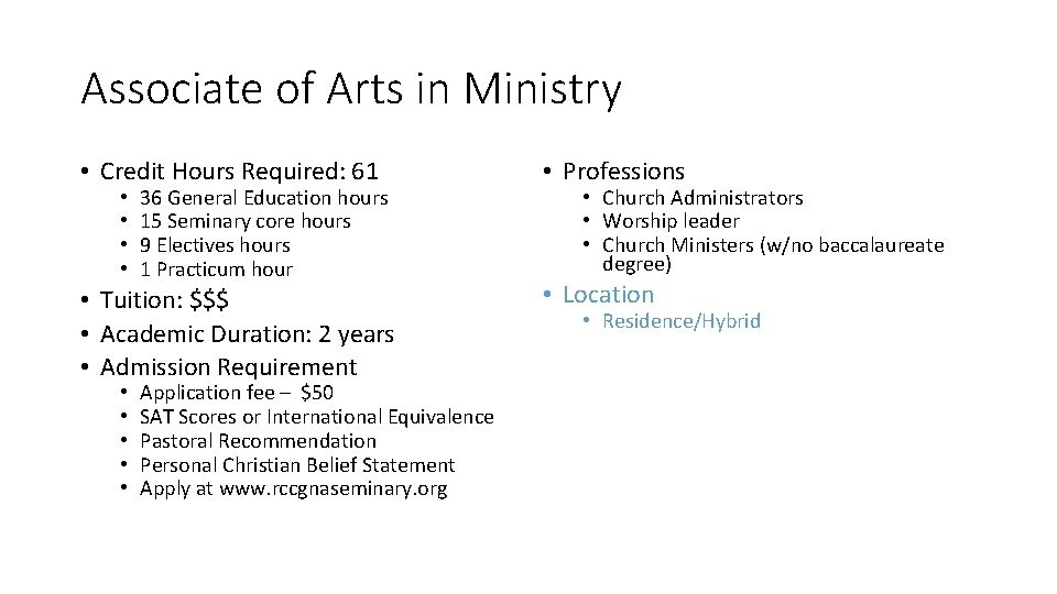 Associate of Arts in Ministry • Credit Hours Required: 61 • Professions • Tuition: