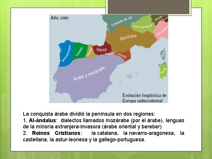 La conquista árabe dividió la península en dos regiones: 1. Al-ándalus: dialectos llamados mozárabe