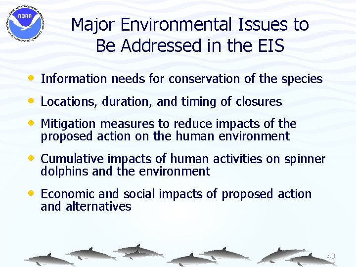 Major Environmental Issues to Be Addressed in the EIS • Information needs for conservation