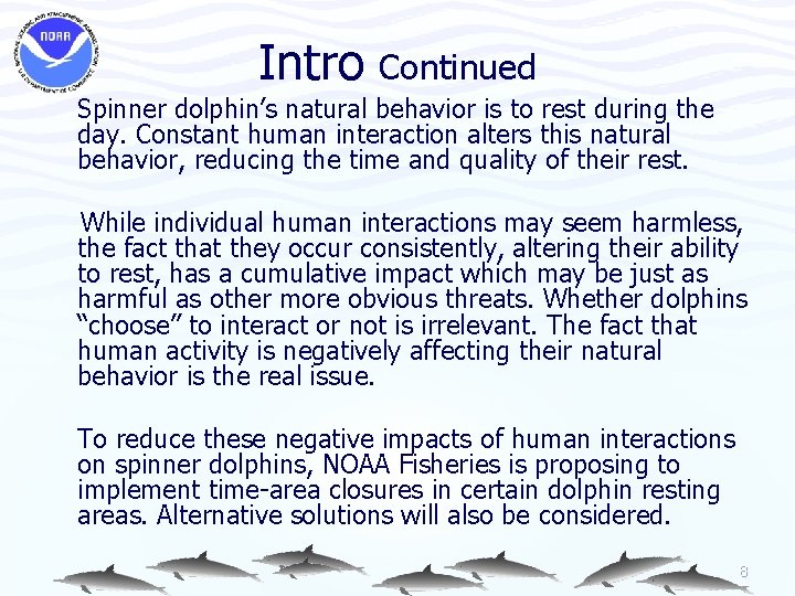 Intro Continued Spinner dolphin’s natural behavior is to rest during the day. Constant human