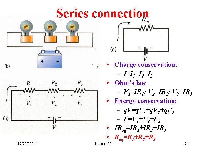 Series connection 12/25/2021 • Charge conservation: – I=I 1=I 2=I 3 • Ohm’s law