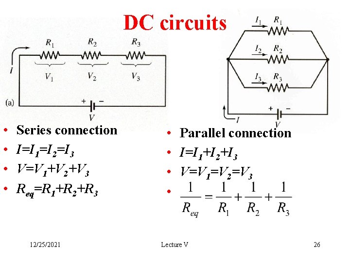 DC circuits • • Series connection I=I 1=I 2=I 3 V=V 1+V 2+V 3