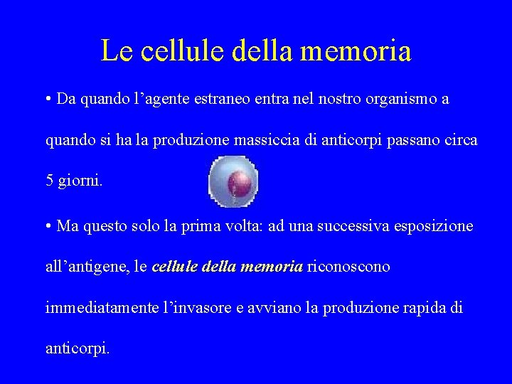 Le cellule della memoria • Da quando l’agente estraneo entra nel nostro organismo a