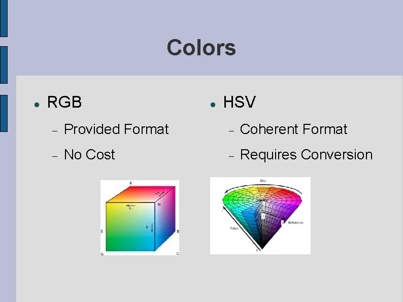 Colors RGB HSV Provided Format Coherent Format No Cost Requires Conversion Colors RGB HSV Provided Format Coherent Format No Cost Requires Conversion