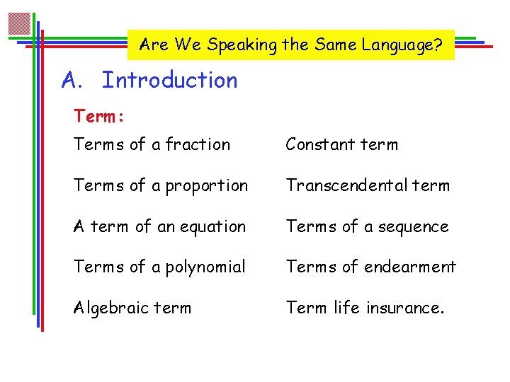 Are We Speaking the Same Language? A. Introduction Term: Terms of a fraction Constant