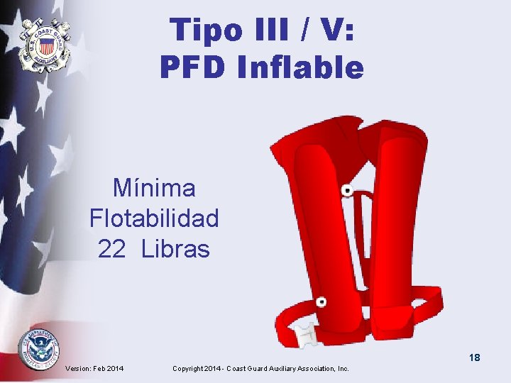 Tipo III / V: PFD Inflable Mínima Flotabilidad 22 Libras 18 Version: Feb 2014