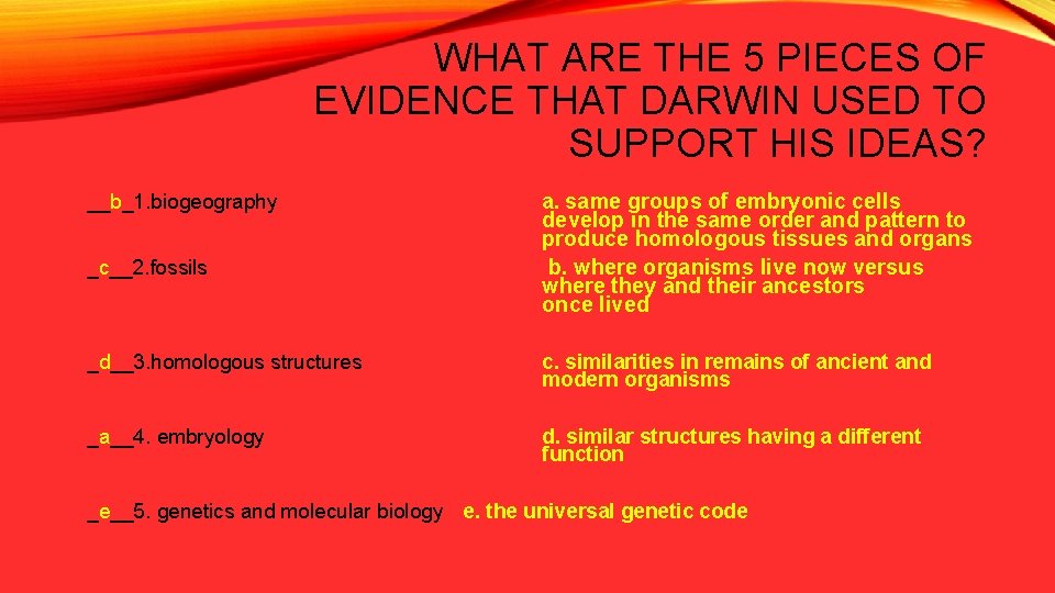 WHAT ARE THE 5 PIECES OF EVIDENCE THAT DARWIN USED TO SUPPORT HIS IDEAS?