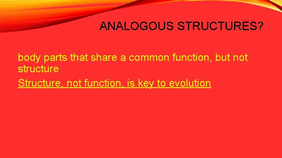 ANALOGOUS STRUCTURES? body parts that share a common function, but not structure Structure, not