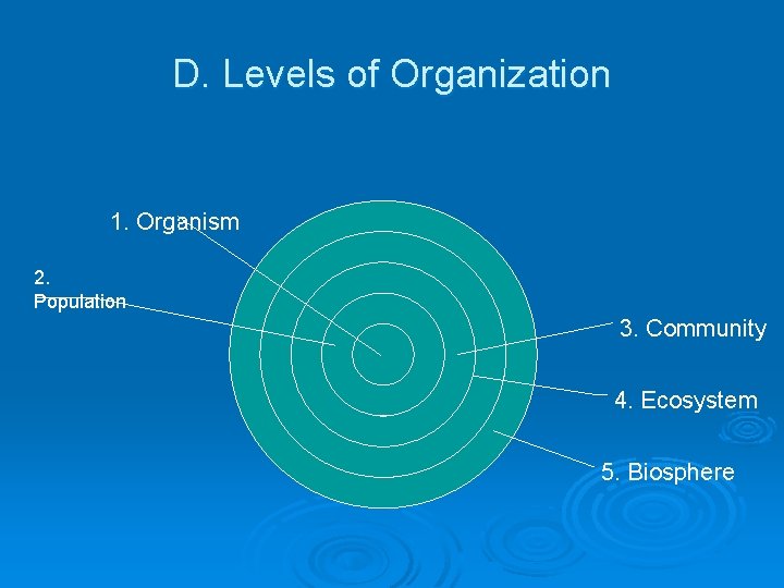 D. Levels of Organization 1. Organism 2. Population 3. Community 4. Ecosystem 5. Biosphere