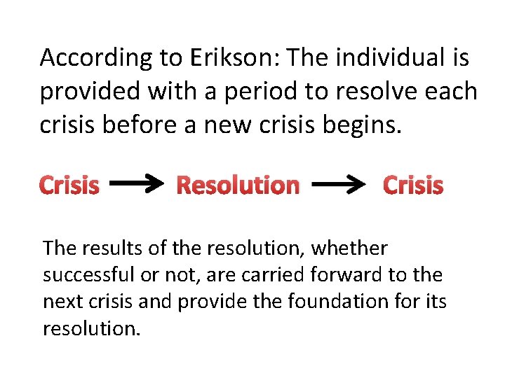 According to Erikson: The individual is provided with a period to resolve each crisis