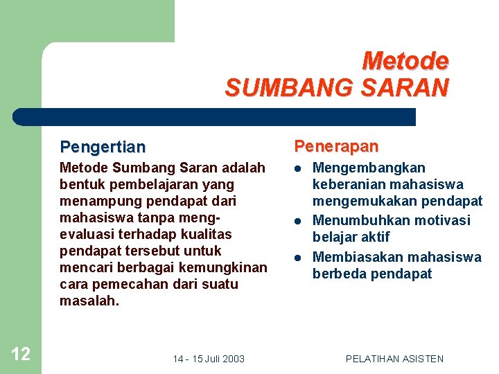 Metode SUMBANG SARAN 12 Pengertian Penerapan Metode Sumbang Saran adalah bentuk pembelajaran yang menampung