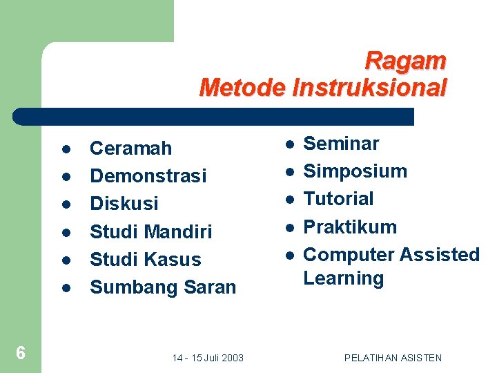 Ragam Metode Instruksional l l l 6 Ceramah Demonstrasi Diskusi Studi Mandiri Studi Kasus