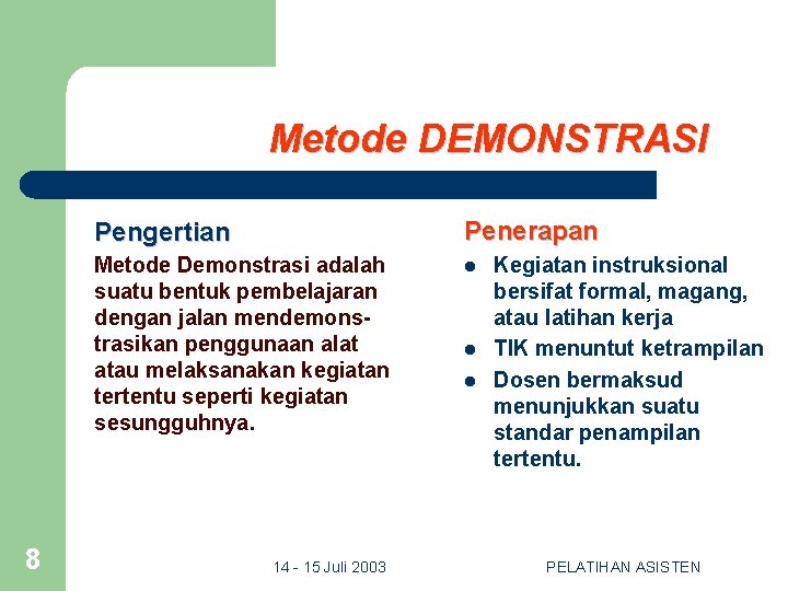 Metode DEMONSTRASI 8 Pengertian Penerapan Metode Demonstrasi adalah suatu bentuk pembelajaran dengan jalan mendemonstrasikan