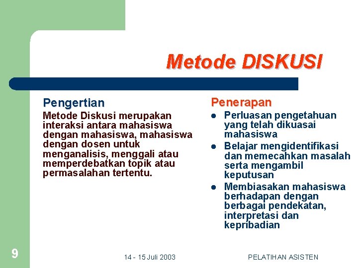 Metode DISKUSI Pengertian Penerapan Metode Diskusi merupakan interaksi antara mahasiswa dengan mahasiswa, mahasiswa dengan