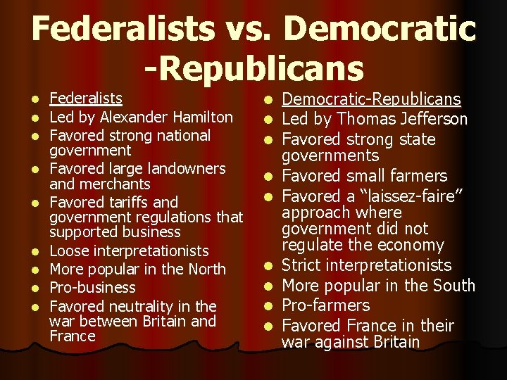 Federalists vs. Democratic -Republicans l l l l l Federalists Led by Alexander Hamilton
