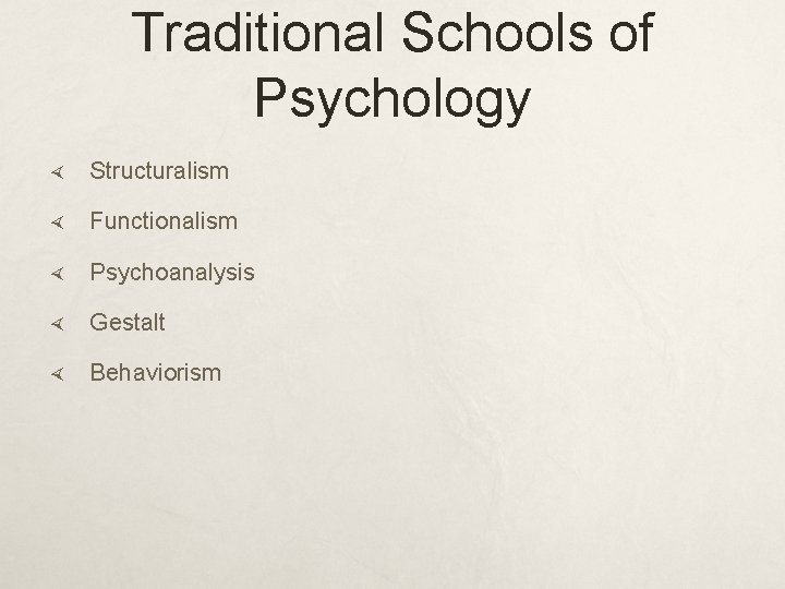 Traditional Schools of Psychology Structuralism Functionalism Psychoanalysis Gestalt Behaviorism 