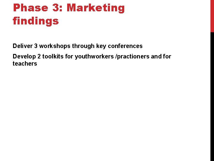 Phase 3: Marketing findings Deliver 3 workshops through key conferences Develop 2 toolkits for