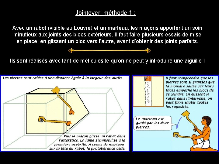 Jointoyer, méthode 1 : Avec un rabot (visible au Louvre) et un marteau, les