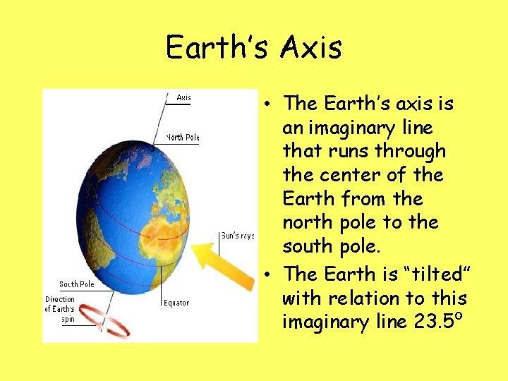 Earth’s Axis • The Earth’s axis is an imaginary line that runs through the