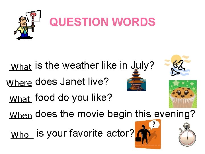 QUESTION WORDS ____ What is the weather like in July? ____ Where does Janet