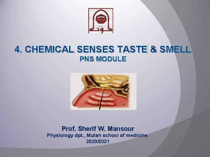 4. CHEMICAL SENSES TASTE & SMELL PNS MODULE Prof. Sherif W. Mansour Physiology dpt.