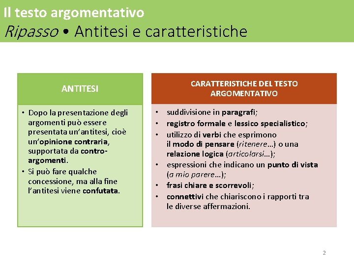 Il testo argomentativo Ripasso • Antitesi e caratteristiche ANTITESI • Dopo la presentazione degli