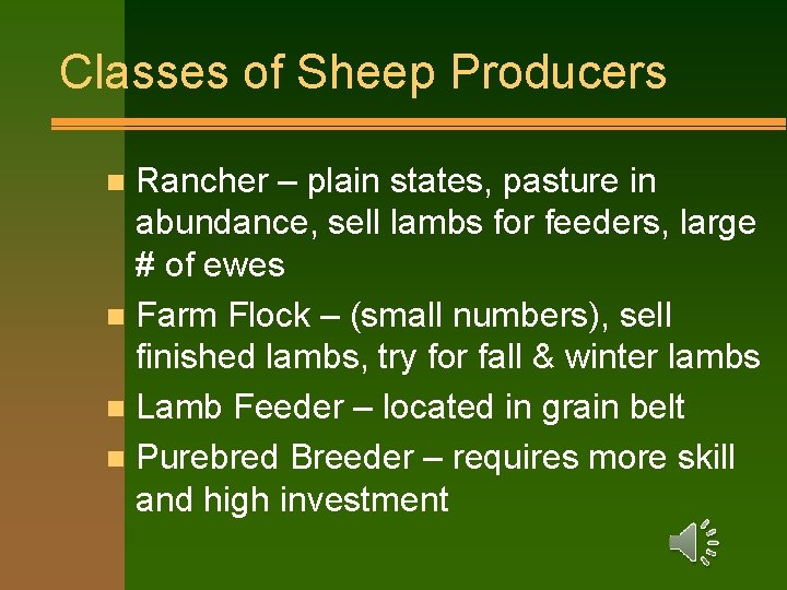 Classes of Sheep Producers Rancher – plain states, pasture in abundance, sell lambs for